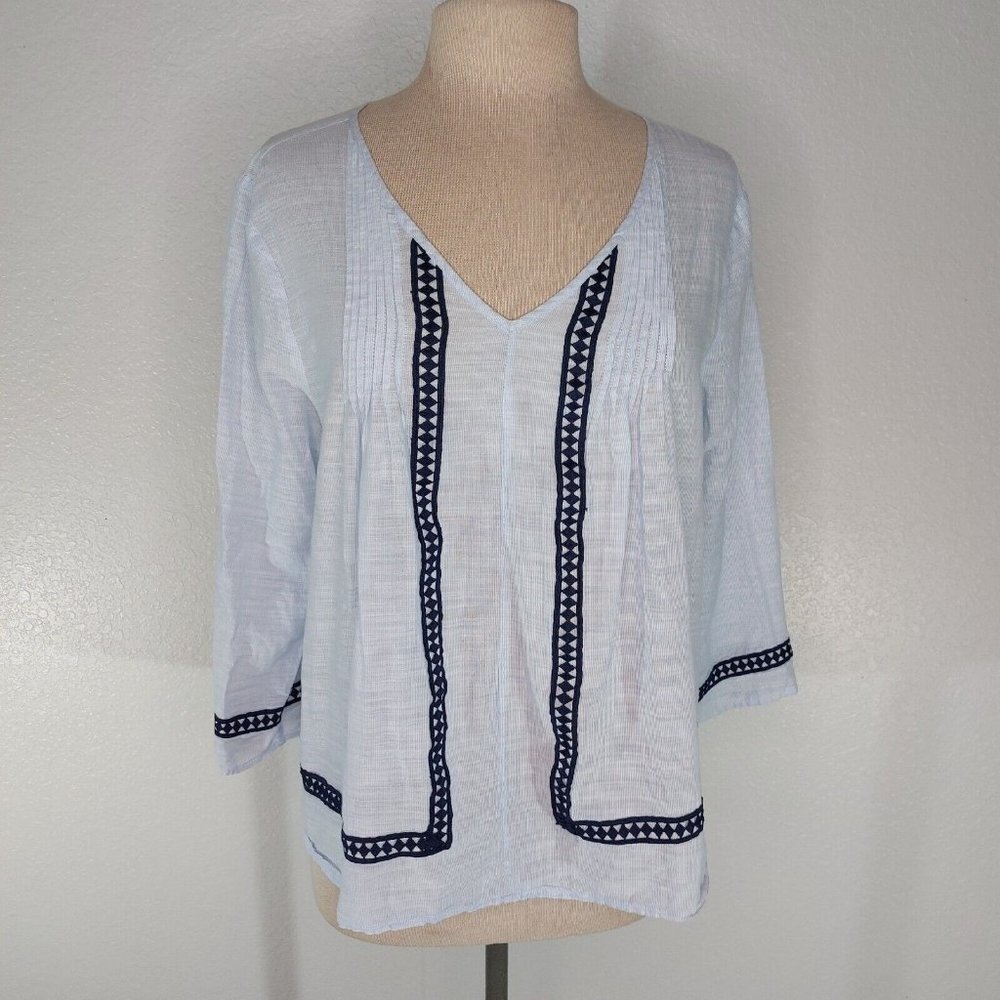 Ivanka Trump Womens Top Large Long Sleeve Blue Boho V Neck Pleated